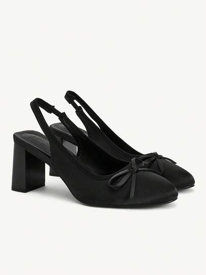 CUCCOO CHICEST Women's Spring/Summer New Bow Round Toe Chunky Heel Mid-Heel Sweet Elegant School Girl Cute Black Satin Ladies High Heel Peep Toe Shoes, Suitable For Dates, Afternoon Tea, Parties, Valentine's Day Wedding Shoes Spring Shoes Bride Shoes