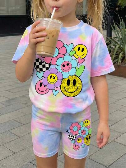 SHEIN Young Girl Floral & Cartoon Smiling Face Print Short Sleeve T-Shirt And Shorts Casual Set