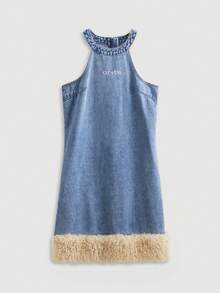GlowEve Women's Letter Embroidery Patchwork Furry Hem Fashionable Halter Denim Dress - Blue - View 6