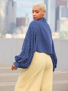 Vixey Stripe Pointed Collar Volume Balloon Sleeve Cropped Button Up Shirt - Blue - View 5