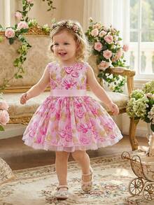 Glamorique Kids Baby Girls' Sleeveless Pink Elegant Summer Flower Girl Dress With Rose Flower Print,Jacquard Fabric,Satin Waist Belt,Tulle Birthday Wedding Party - Pink - View 2