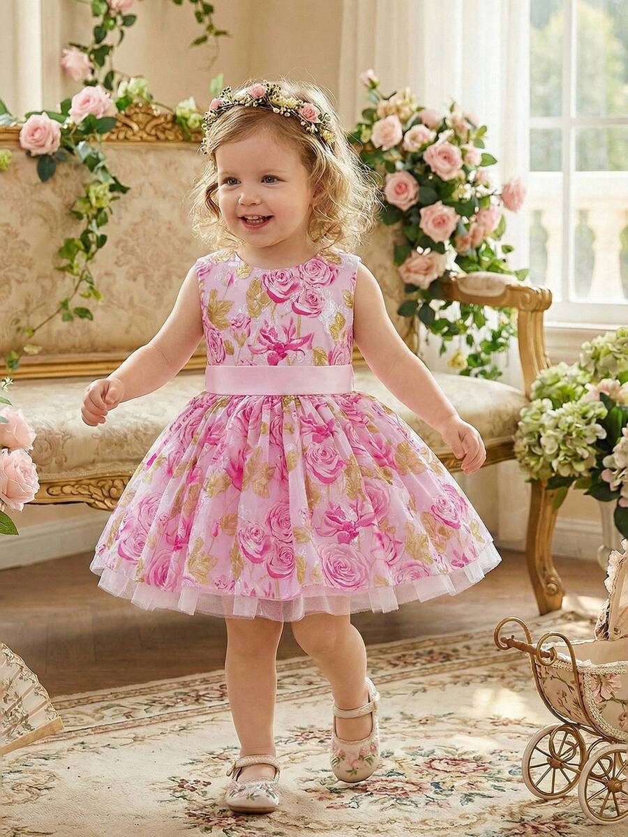 Glamorique Kids Baby Girls' Sleeveless Pink Elegant Summer Flower Girl Dress With Rose Flower Print,Jacquard Fabric,Satin Waist Belt,Tulle Birthday Wedding Party