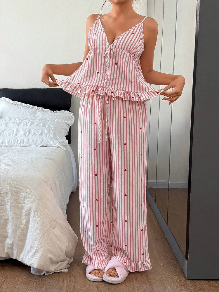 Napfluff Ensemble de pyjama pour femmes, haut à col V imprimé de cœurs roses rayés avec volants froncés et pantalon de jogging, ensemble de pyjama d'été en deux pièces, tenue d'été sexy pour femmes - Rose bonbon - Voir 5