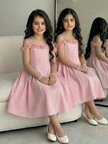 1pc Light Pink Summer Elegant Flower Girl Girls' Woven Off-Shoulder Adjustable Strap Dress,Custom Floral Lace Trim Zipper Back Formal Wedding Gown - Pink - View 3