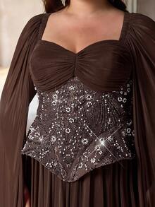 Aureia Đầm dạ hội sang trọng, màu nâu cà phê, cổ hình trái tim, tay bồng, thêu đính cườm, thiết kế xếp nếp, dáng chữ A, phù hợp cho mọi dịp trang trọng, mùa cưới, dạ tiệc (thiết kế được trang trí cầu kỳ). - Cà phê nâu - Xem 6