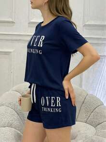 Conjunto De Pijama Con Pantalones Cortos Y Camiseta De Manga Corta Con Estampado De Slogan - Azul T - Ver 4