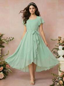 Tween Girl Solid Color Square Neck Ruffle Trim Patchwork Short Sleeve Fashion Dress - Green - View 1