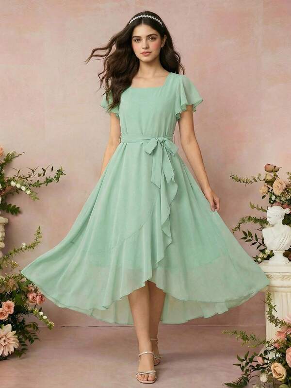 Tween Girl Solid Color Square Neck Ruffle Trim Patchwork Short Sleeve Fashion Dress