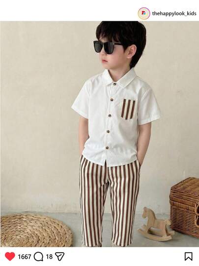 THE HAPPY LOOK 2件套男童条纹撞色翻领短袖开衫和松紧腰裤