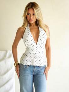 女式露背深V领褶饰A字形露背波尔卡圆点吊带背心 - 白色 - 查看 6