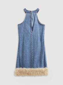 GlowEve Women's Letter Embroidery Patchwork Furry Hem Fashionable Halter Denim Dress - Blue - View 2