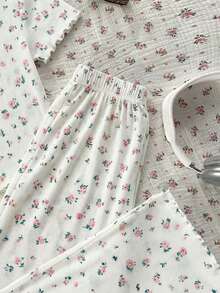 SHEIN LMoss Kids 少女两件套睡衣套装，简约碎花圆领短袖上衣搭配柔软舒适的罗纹裤 - 粉色 - 查看 7