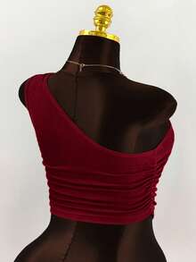 Amplova Top décontracté polyvalent et sexy avec ourlet drapé asymétrique de couleur unie pour grandes tailles - Rouge foncé - Voir 7