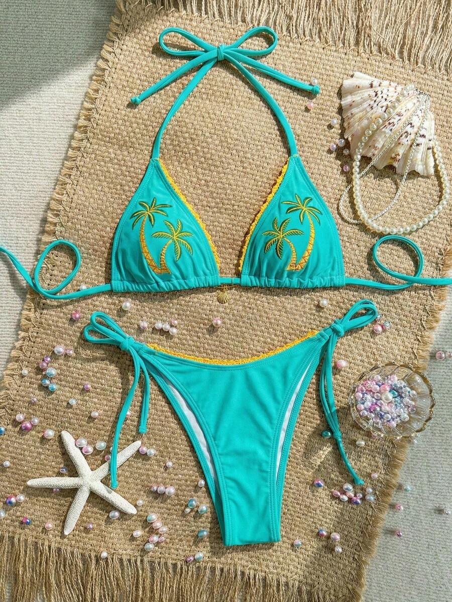 Swim Vcay Women's Turquoise Embroidered Push Up Bikini Set, Summer Casual Vacation Holiday Beachwear,Heavy-Duty Carnival Costumes Bathing Suit Set Of 1pcs - Mint Blue - View 1