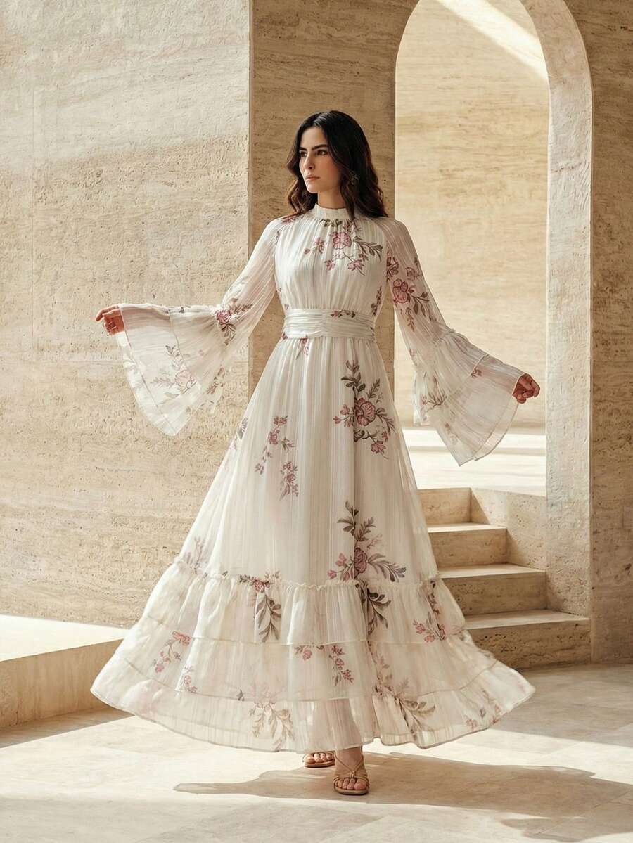 Anewsta Elegant Women's Long Chiffon A-Line Dress With Ruffle Hem And Stand Collar Extra-Long Raglan Sleeves In Apricot Plant Print - Apricot - View 1