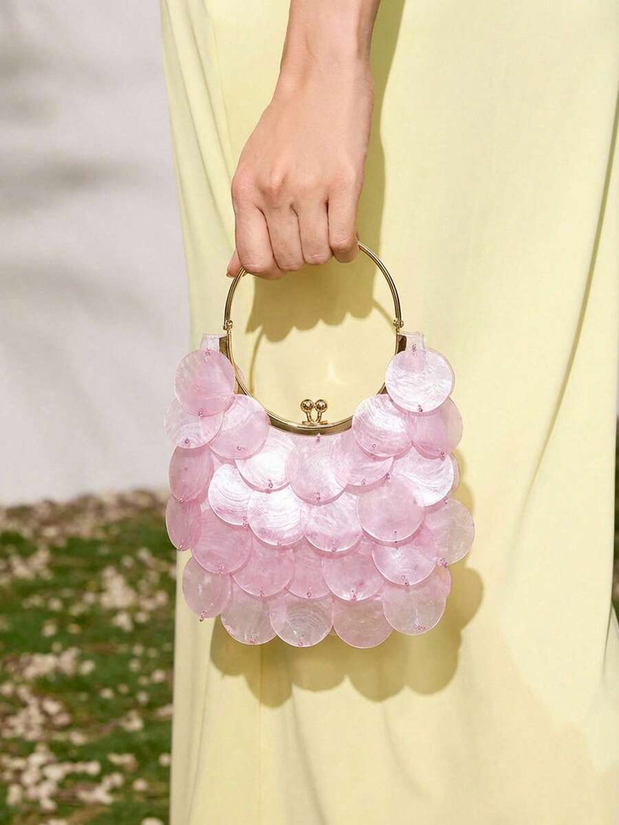 Ladies, Women Top Handle Bags, Fashionable, Elegant, Simple, Personalized, Versatile, Shell Pieces, Metal Handles, For Beach, Vacation, Holiday, Summer - Tropical Pink - View 1