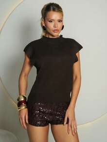 Sandy Gomes 优雅高领宽松休闲百搭无袖针织毛衣背心，秋冬棕色毛衣 - 咖啡棕 - 查看 5