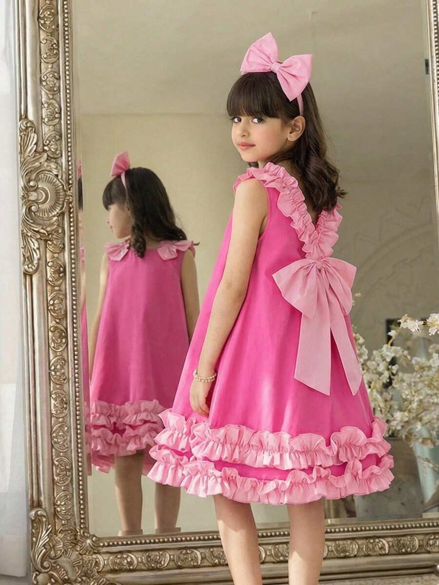 Đầm dệt phối màu cho bé gái tuổi teen, kiểu dáng thường ngày, có nơ và bèo nhún. - Hồng - Xem 1