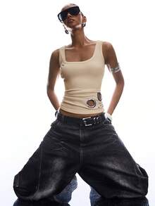 LYSMO 女士纯色镂空铆钉修身休闲上衣 - 杏色 - 查看 5