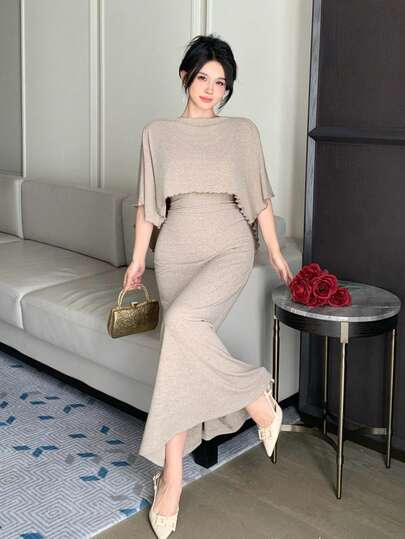 DAZY Women's Solid Color Round Neck Dress And Shawl Design Top 2 Pieces Set, Fashionable For Daily Wear