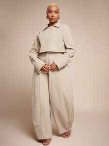 Vixey Woven Twill Cocoon Sleeve Pointed Collar Zip Up Jacket - Apricot - View 4