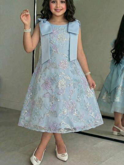 SHEIN Tween Girl Woven Solid Color 3D Floral Mesh Casual Dress