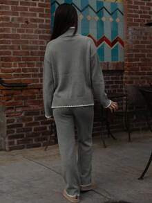 Andrea Bello 女士休闲日常通勤撞色落肩宽松针织毛衣和针织裤两件套，秋冬 - 深灰色 - 查看 2