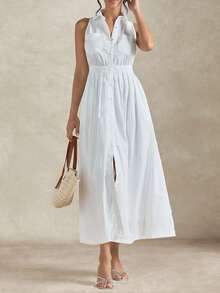 Dayvera Women's Casual Solid Color Single-Breasted Sleeveless Dress,Summer Dresses For Women,Summer Outfits ,Summer Holiday Outfits ,Valentine's Day ,Beach Outfit,Going Out Outfits ,Valentine's Day Dress,Party Dresses For Women,Elegant Party Dresses ,Beach Dress,Wedding Guest Dress For ,Elegant Dress For Women Women,Casual Dresses For Women,Casual Long Dresses ,White Dress - White - View 6