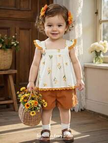 Cozy Pixies 2pcs Baby Girl Floral Print Ruffle Trim Sleeveless Top And Elastic Waist Pants Set - Multicolor - View 2