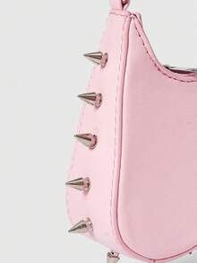 ROMWE Grunge Punk Women's Punk Edge Studded Shoulder Bag With Acrylic Chain Straps - Urban Streetwear Style Purse For Everyday Use,Suitable For Valentine's Day Dates - Baby Pink - View 6