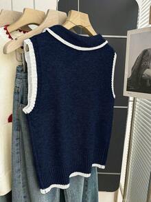 Franclia Navy Blue And White,Back-To-School,Autumn,Casual,Occasion,School Contrast Trim Knit Vest,Polo Collar Half-Button Slim Fit Soft Ribbed Retro Sweater - Navy Blue - View 2