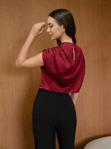 Duda Rubert 女士优雅通勤纯色领子褶皱下摆衬衫 - 酒紅色 - 查看 3