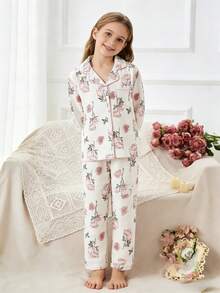 Tween Girls 2 Pieces Pajama Set,Pink Floral Rose Print Elegant Autumn Nightwear,Long Sleeve Button Front Top & Pants,Cozy Home Sleepwear Gift,Sleep - Apricot - View 6