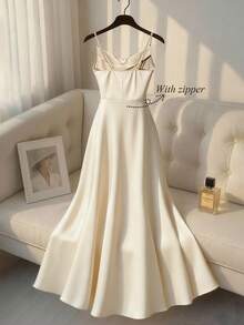 SHEIN Franclia 女士优雅缎面珍珠吊带裙，A 字廓形，适合通勤、派对和活动 - 米色 - 查看 2