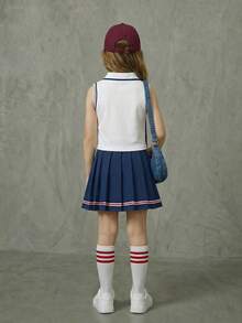 SHEIN Casuvi Kids 春夏女童两件套，针织罗纹领开衫背心，字母印花，搭配弹力腰褶裙，休闲校园风，适合户外、居家、日常穿着。 - 彩色 - 查看 2