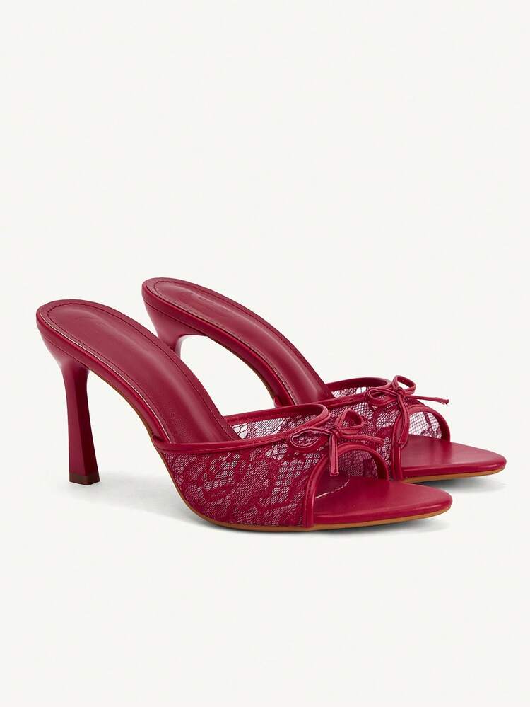 CUCCOO CHICEST Women Shoes Spring And Summer New Red Lace Mesh Bow Peep Toe Women's High Heel Sandals Slippers Fashion Comfortable Versatile Elegant Sexy Party Women's Sandals Peep Toe Sandals