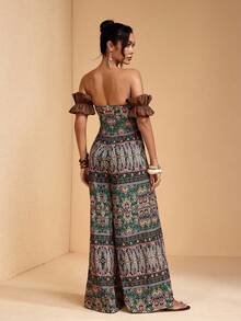 JIAN LASALA Bộ jumpsuit không dây vai, tay bồng, ống rộng, in họa tiết toàn thân, phong cách Bohemian, thường ngày, thích hợp cho du lịch hoặc nghỉ dưỡng. - Nhiều màu - Xem 2