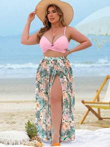 Swim Vcay Plus Size 3pcs Padded Ruched Printed Swimwear Set, Beach Holiday Style - Multicolor - View 4
