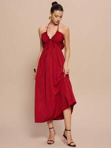 Olia Maree Olia Maree 女士纯色露背系带褶皱优雅约会派对连衣裙 - 紅色 - 查看 7