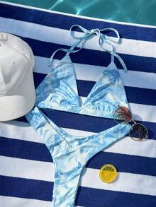 INAWLY 女士吊带系带上衣和三角裤性感两件套沙滩装 - 藍色 - 查看 1