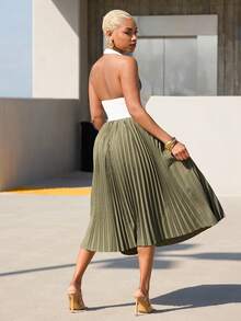 Vixey High Waist Wrap Around Panel Pleated Midi Office Skirt - Army Green - View 3