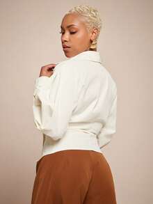 Vixey Pointed Collar V Neck Wrap Around Asymmetrical Hem Pleated Long Sleeve Office Shirt - Beige - View 5