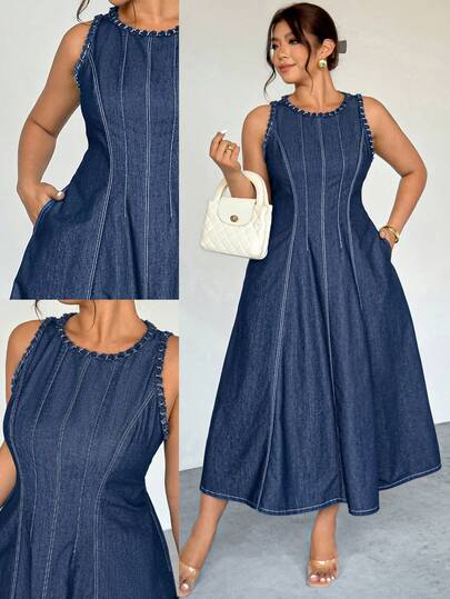 Firerie Plus Size Women's Round Neck Sleeveless Pocketed Casual Denim Dress