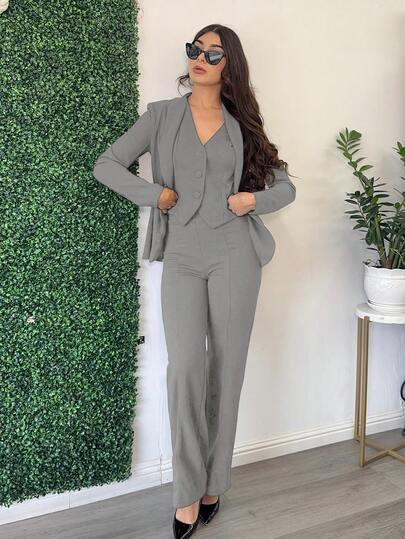 Andrea Bello مجموعة من 3 قطع: بدلة رمادية بأكمام طويلة، سترة صدرية وبنطلون، طقم أنيق للذهاب إلى العمل والمواعيد، بدلة نسائية رمادية مكونة من قطعتين مناسبة للخريف والشتاء، ملابس نسائية مريحة للعمل والأناقة