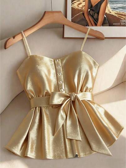 Franclia Women's Tank Top With Faux Placket Stud Buttons, Waist Tie Bow Design, Adjustable Shoulder Straps, Metallic Gold Fabric, Casual & Fashionable