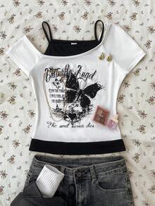 Teen Girls Casual Retro Print 2 In 1 Short Sleeve T-Shirt - Black and White - View 7