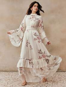 Anewsta Elegant Women's Long Chiffon A-Line Dress With Ruffle Hem And Stand Collar Extra-Long Raglan Sleeves In Apricot Plant Print - Apricot - View 5