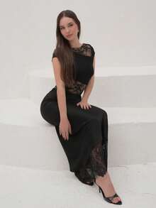 Duda Rubert 纯色缎面蕾丝下摆细节低腰中长裙 - 黑色 - 查看 6
