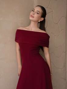 女士优雅简约精致浪漫时尚派对度假通勤露肩高腰 A 字长裙，灰色长裙 - 酒紅色 - 查看 3