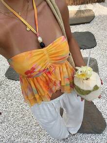 Aloruh Women's Tie-Dye Ruffle Hem Halter Neck Vacation Camisole - Multicolor - View 1